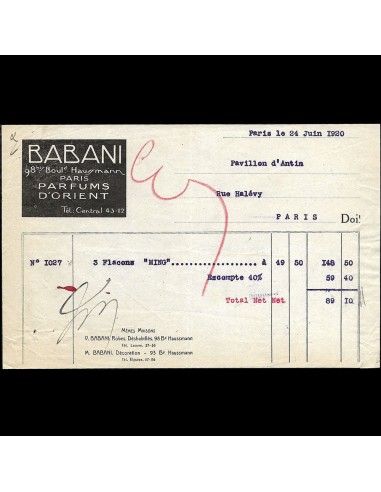 Babani - Facture de la maison Babani, 98 bis boulevard Haussmann à Paris (1920) Faites des économies