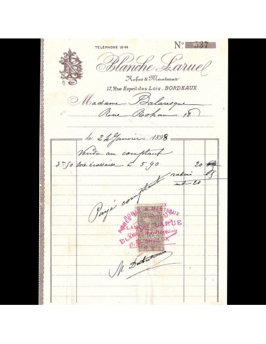 Blanche Larue - Facture de la maison de couture, 17 rue Esprit des Lois à Bordeaux (1898) Jusqu'à 80% De Réduction