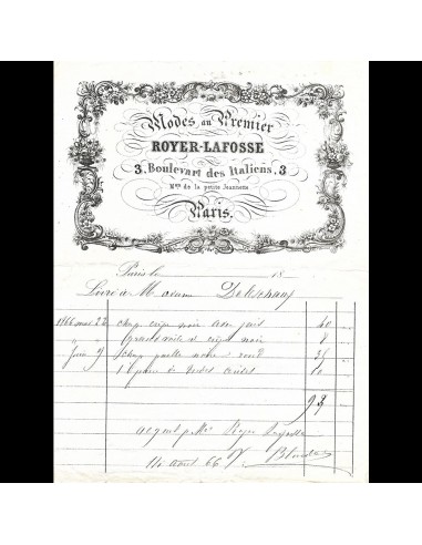 Royer Lafosse - Facture de la maison de modes, 3 boulevart des Italiens à Paris (1866) la chaussure