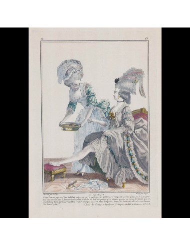 Gallerie des Modes et Costumes Français, 1778-1787, gravure n° M 68, La Distraite (1778) Dans la société mordern